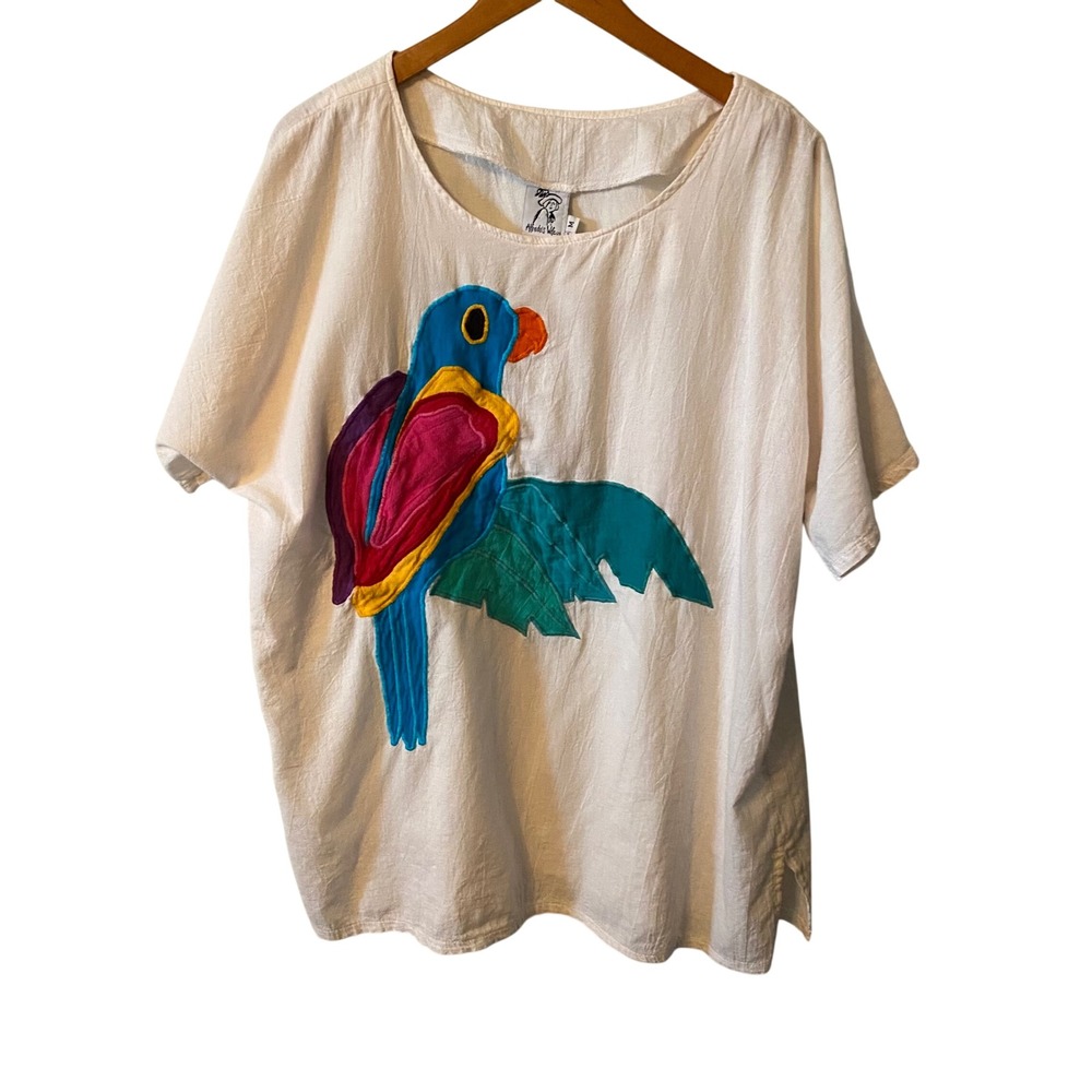 VTG Alfredos Wear Womens Parrot Applique Tunic Top White Short Sleeve M‎